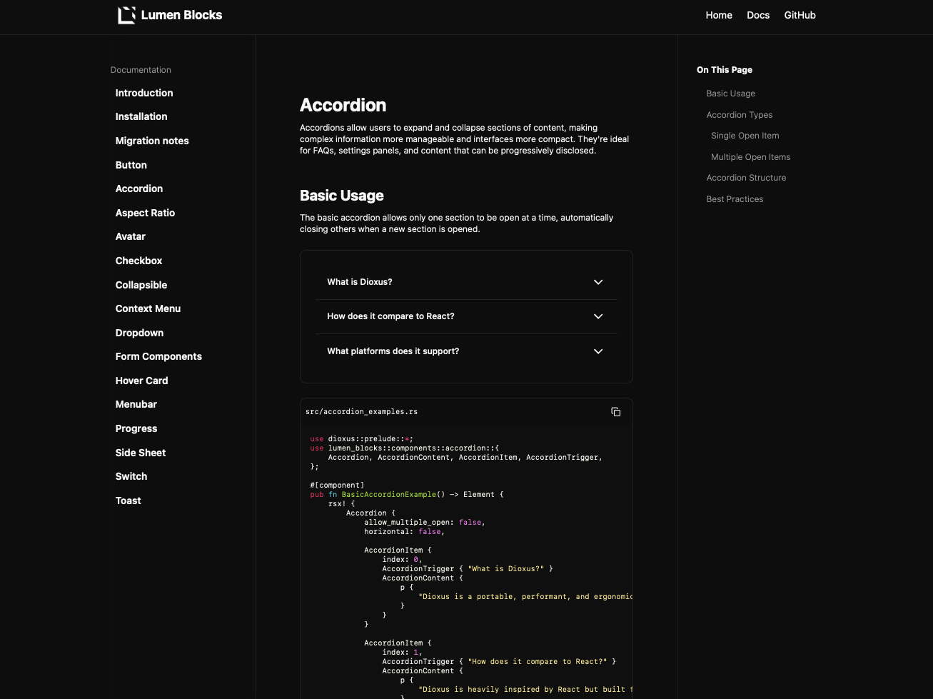 Lumen Blocks accordion documentation page with rendered demo examples in dark mode.
