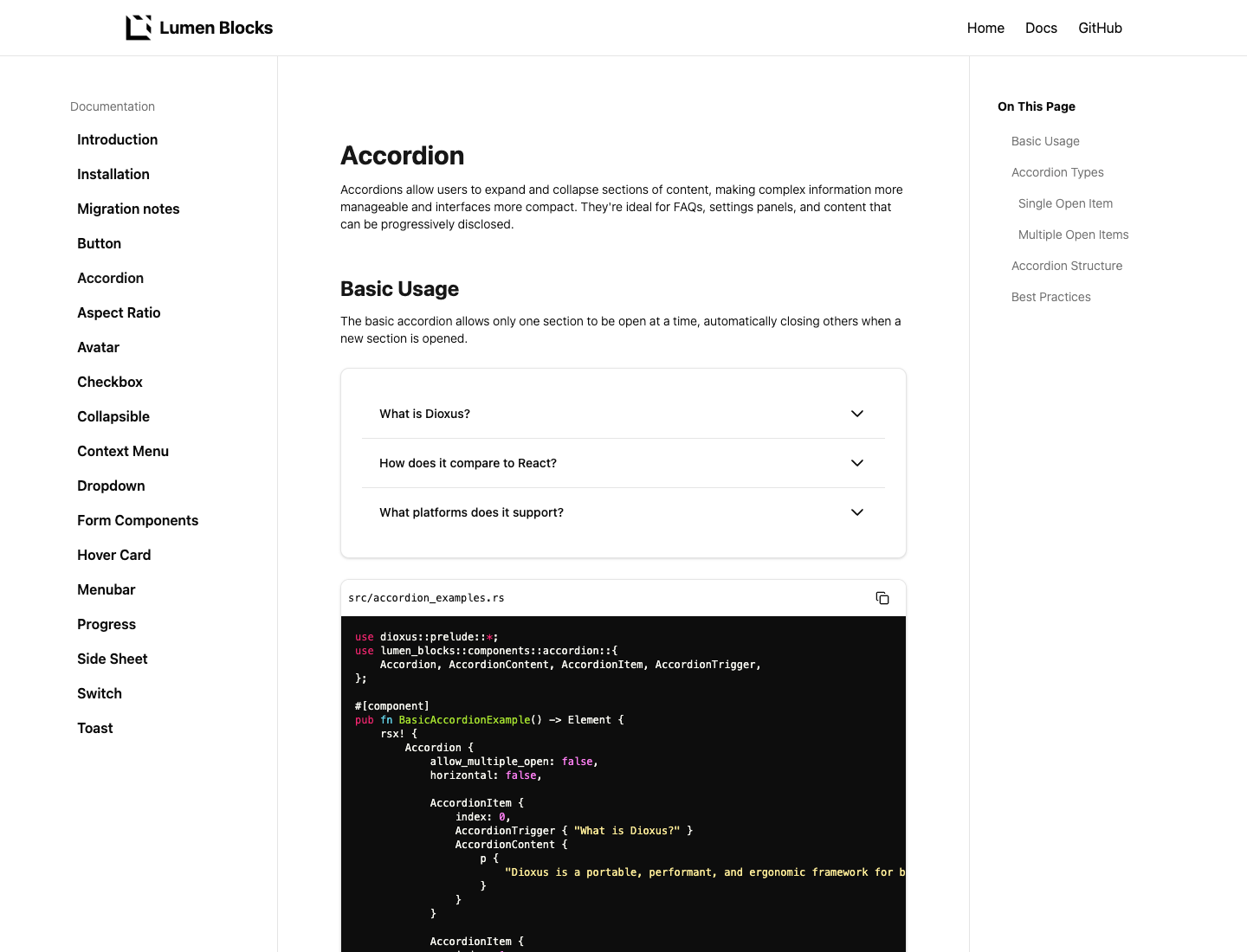 Lumen Blocks accordion documentation page with rendered demo examples.
