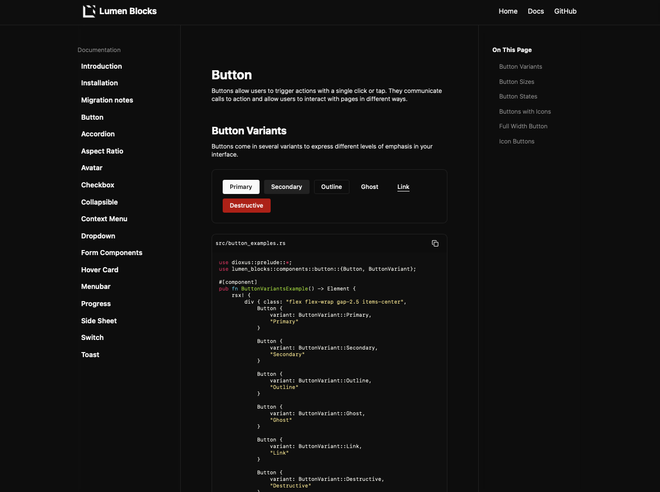Lumen Blocks button documentation page with interactive component examples in dark mode.