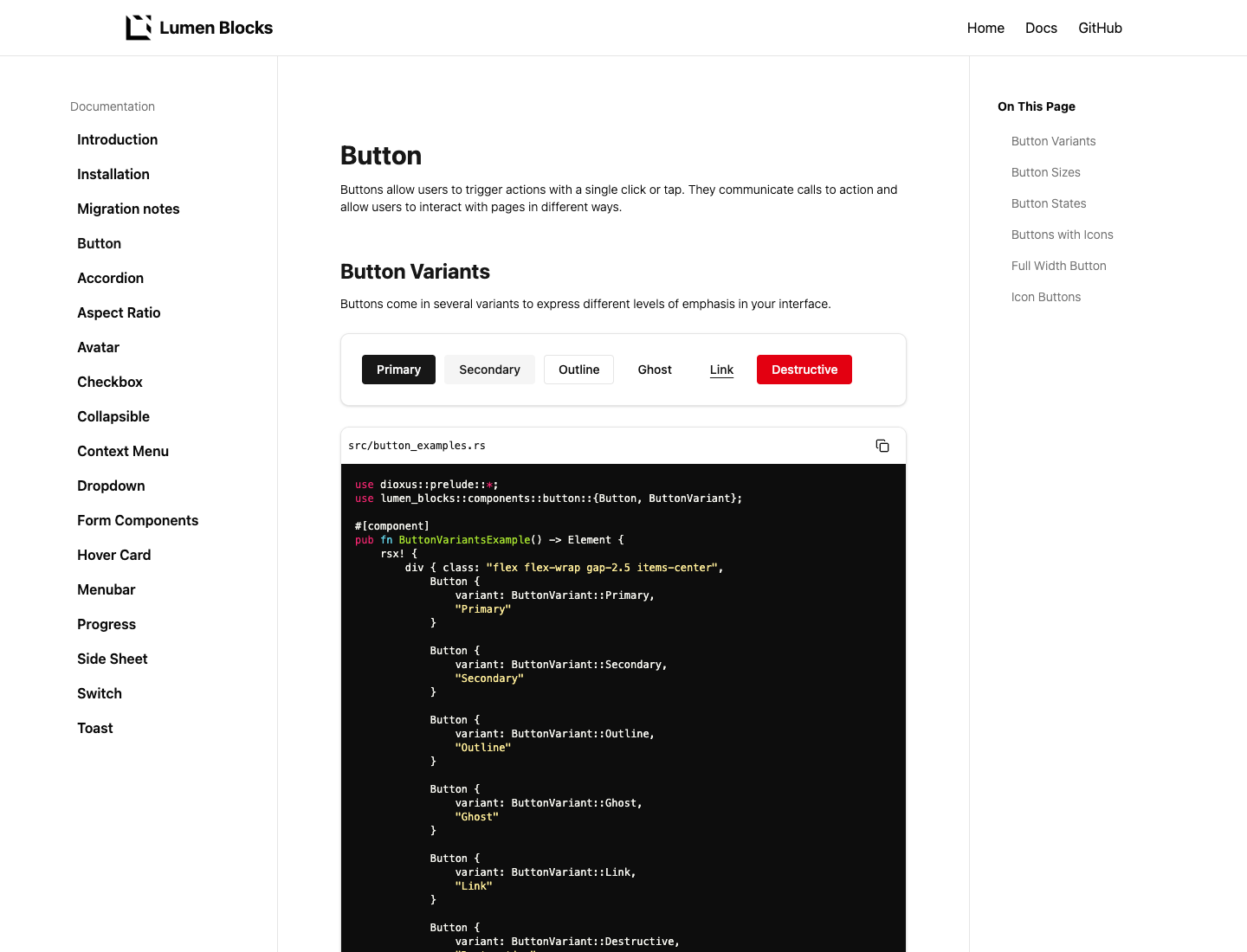 Lumen Blocks button documentation page with interactive component examples.