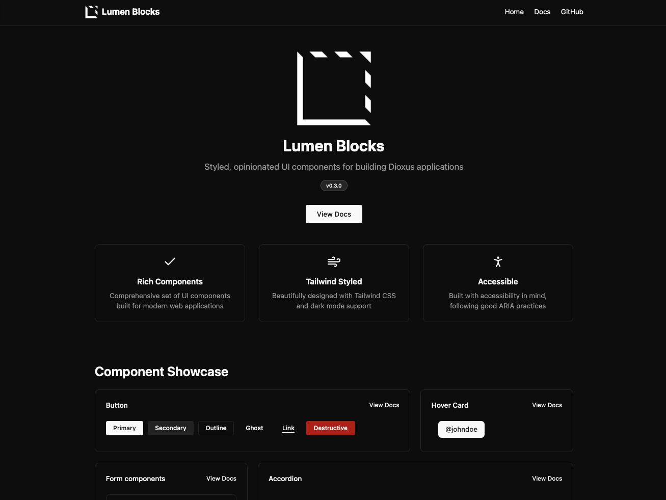 Lumen Blocks homepage showing the visual style and branding of the component library in dark mode.