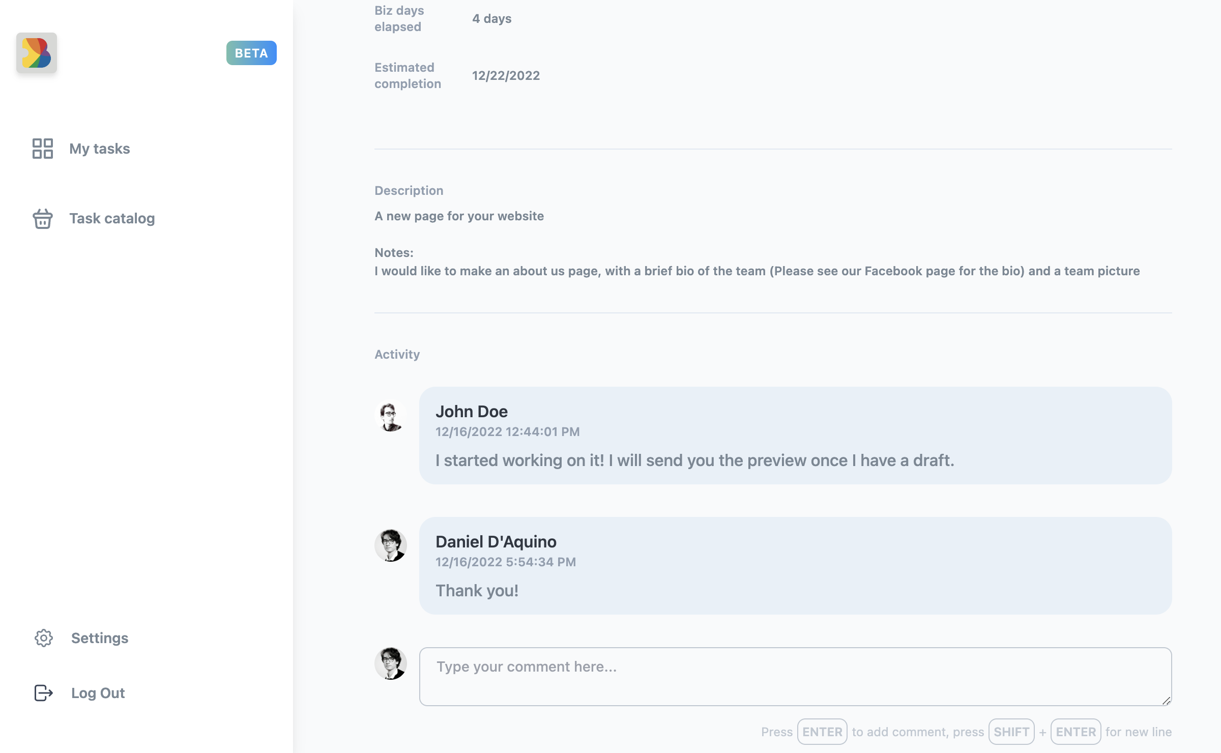 Task detail view with comments and activity thread in Bobbles dashboard.