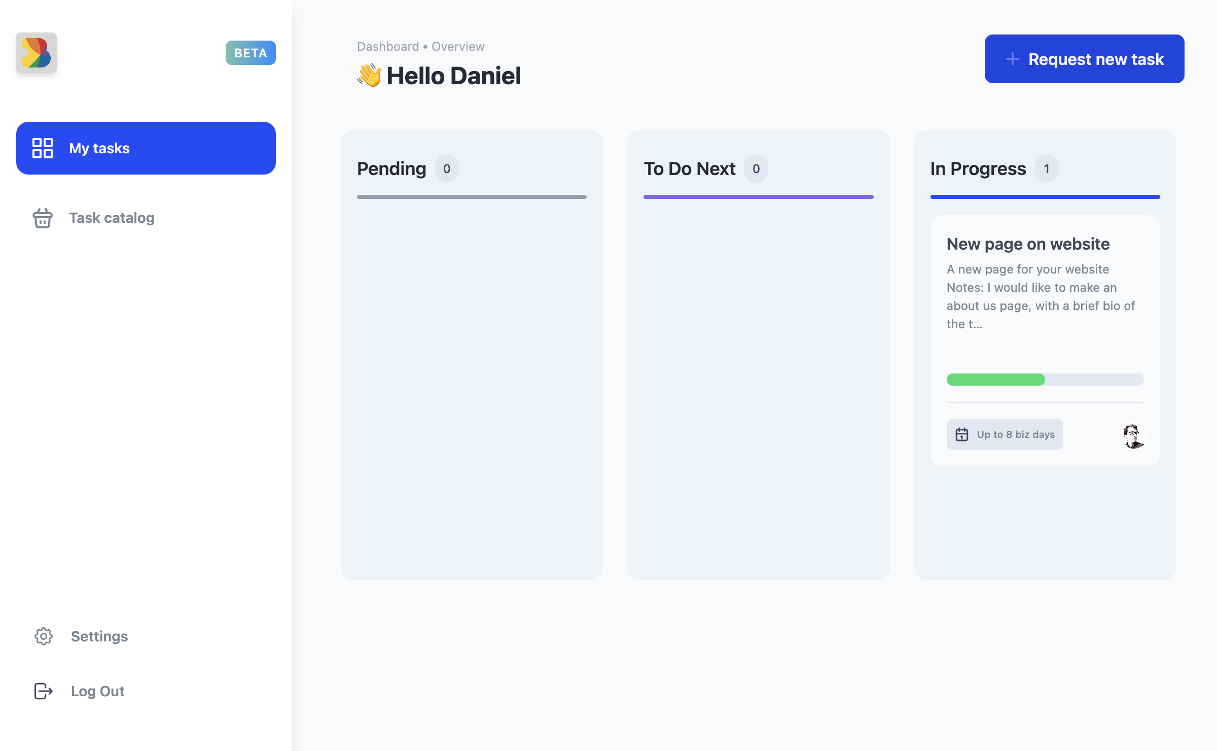 Dashboard overview showing kanban columns for client tasks in Bobbles dashboard.