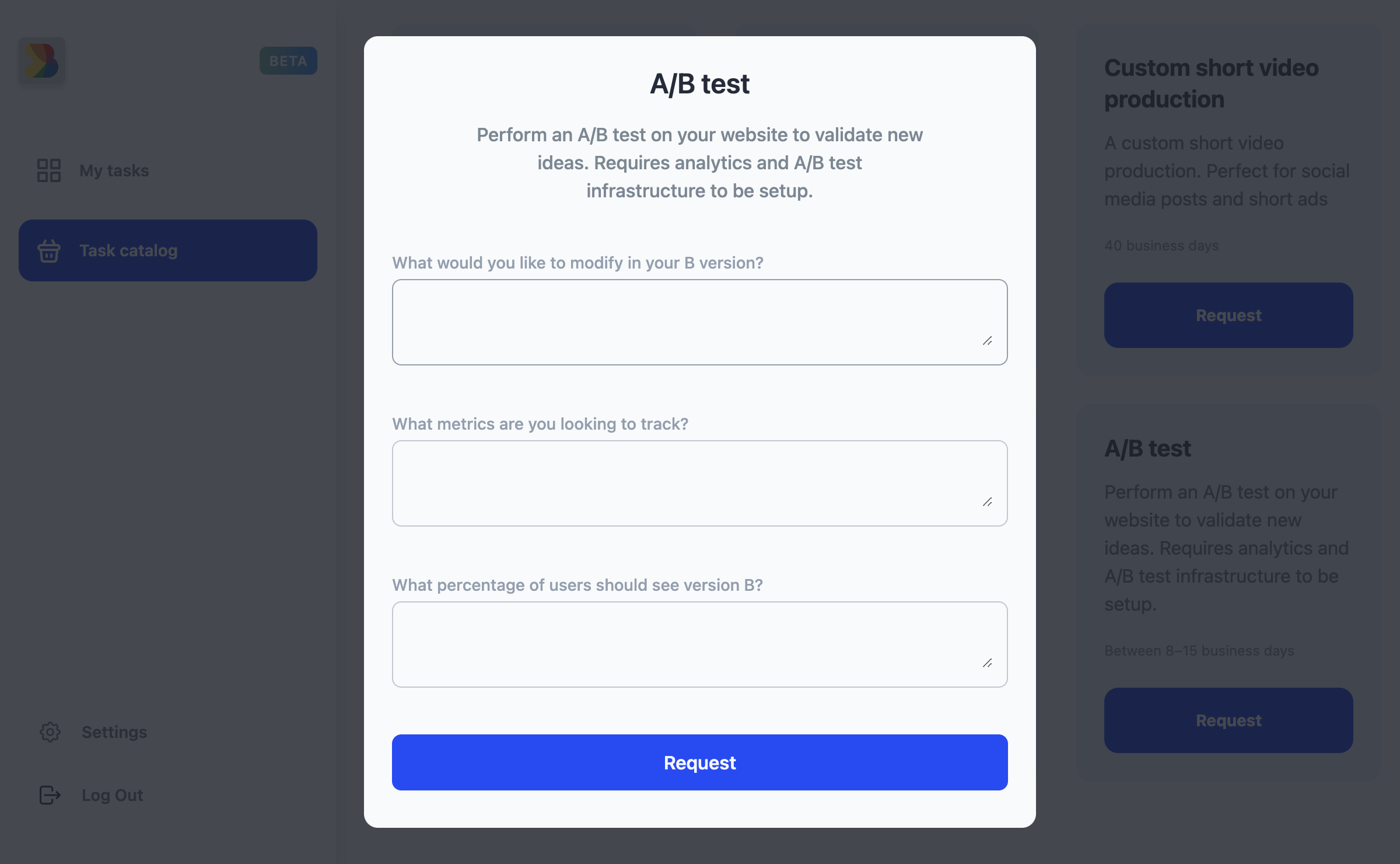 Modal for requesting an A/B test in Bobbles dashboard.